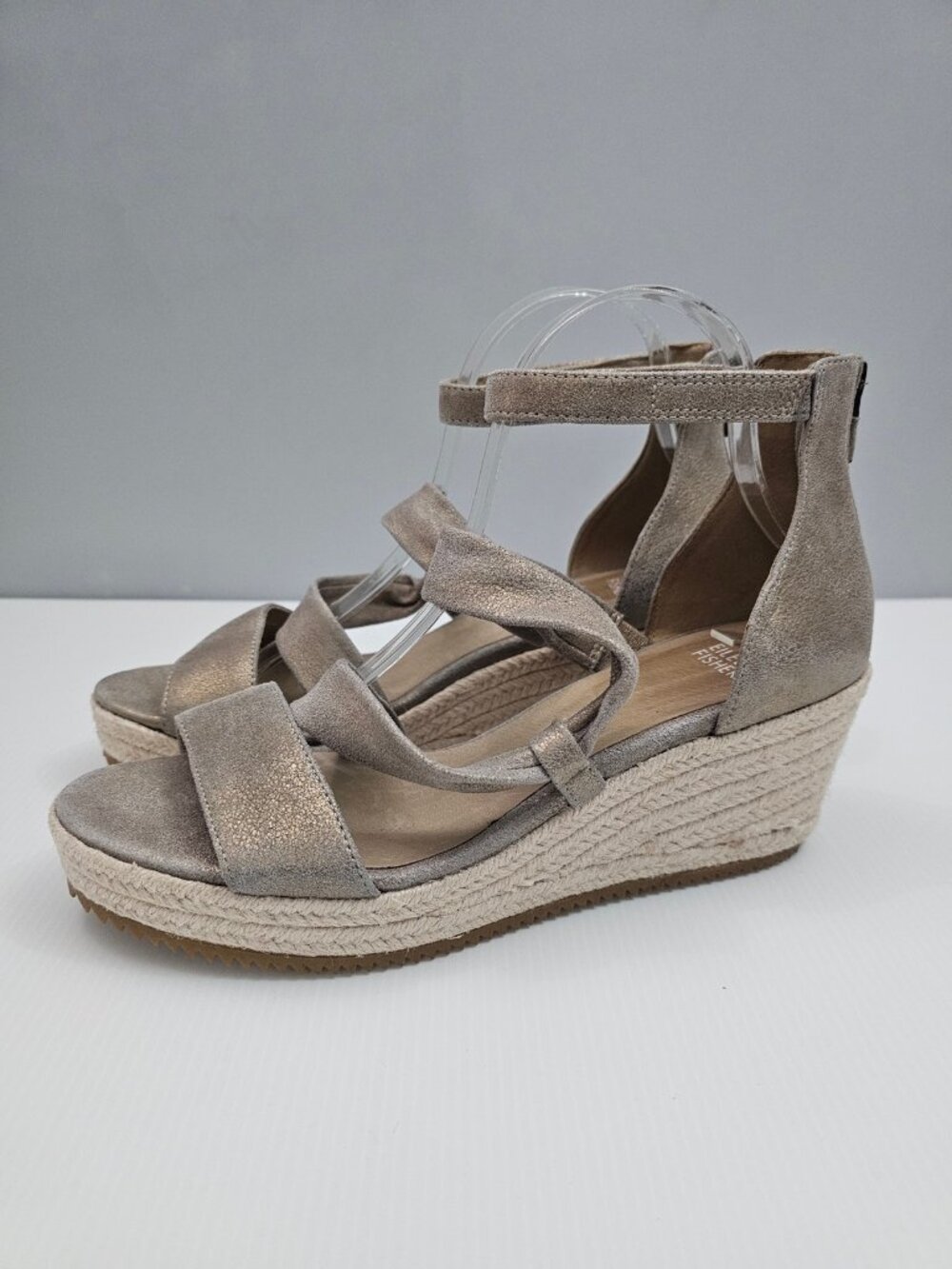 Eileen Fisher Wisp Wedge Sandal Womens 10 Platinum Leather Strappy Espadrille